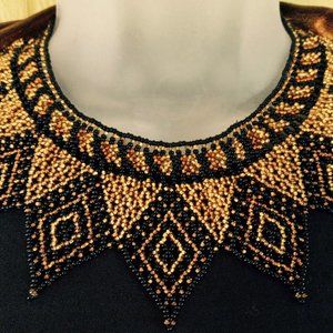 Art Deco "Diamond" Sunburst Intricate Gold-n-Black Beaded Collar Design Necklace